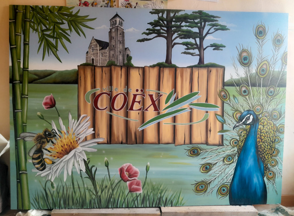 art, peinture, tableaux, panneau, contreplaqué, eglise, bois, cedre, paon, abeille, coquelicot, marguerite, bambou, gué gorand, coex, plume, ciel, eau, peinture, couleur