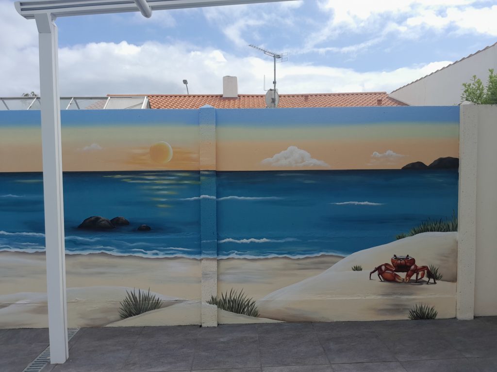 fresque, peinture, pinceau, mer, plage, ciel, nuage, rocher, barque, crabe, herbe