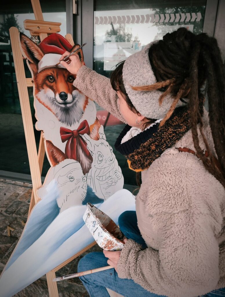 noel, marché, bretignolles, fresque, peinture, live, neige, boule,lutin, ours, panneau, cadeau, sapin