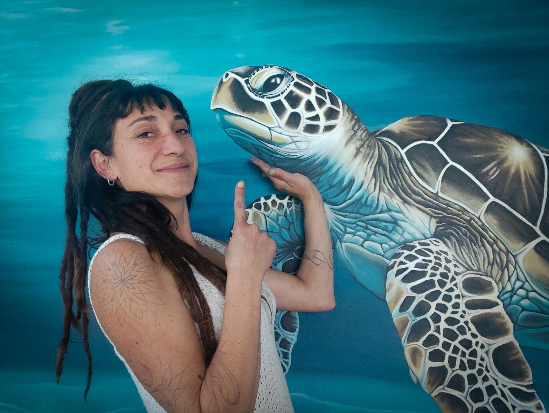 tortue, caouanne, decor, pinceau, peinture, fresque, mer, sous marin, meduse, bleu, sable