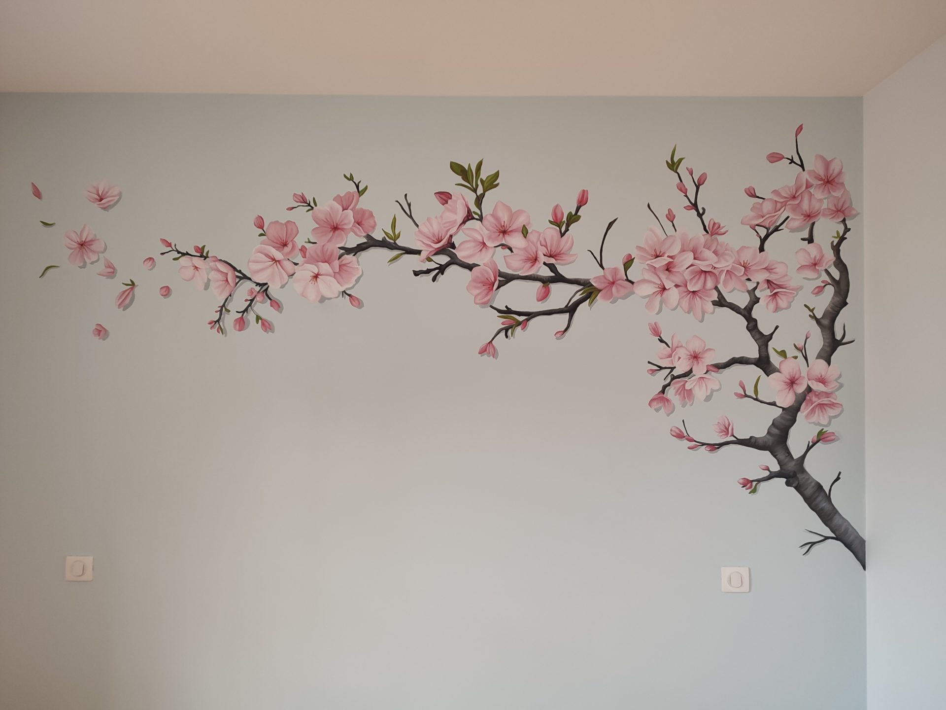 fleur, rose, branche, peinture, peinceau, fresque, chambre