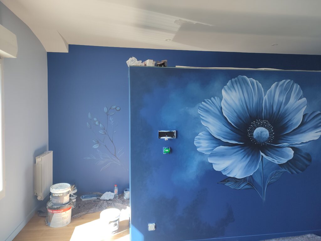 fleur, bleu, decor, intérieur, peinture, pétale, pistil, encre