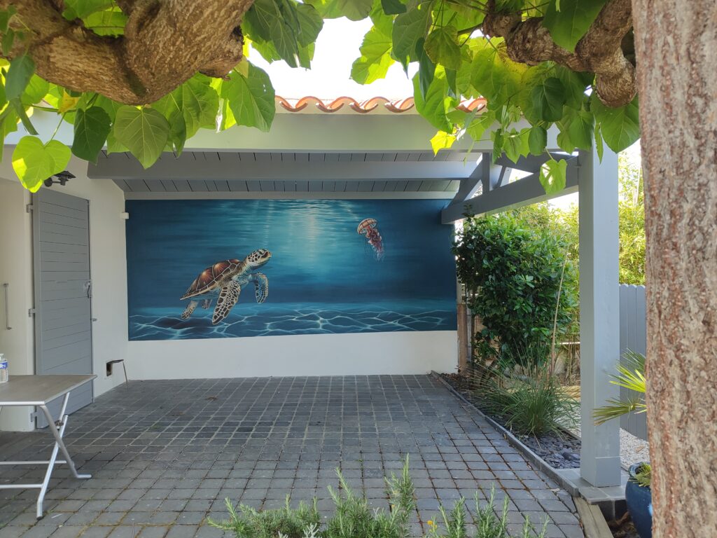 tortue, caouanne, decor, pinceau, peinture, fresque, mer, sous marin, meduse, bleu, sable