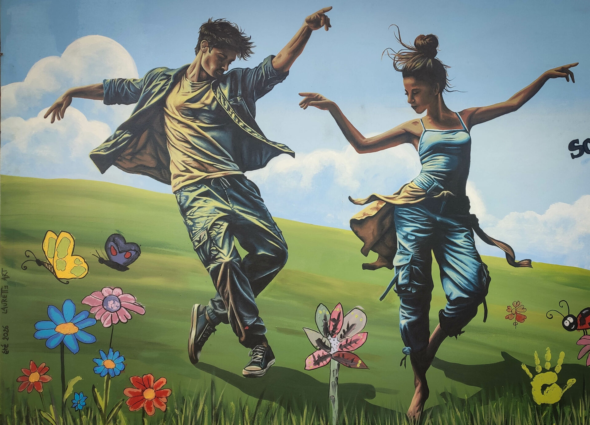 decor, panneau, bois, couelur, enfant, garderie, danse, danseurs, arc en ciel, fleur, insecte, herbe