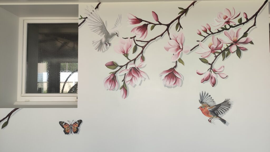 hey, magnolia, soiseau, papillon, moineau, rouge gorge, colombe, peinture, decor, fresque rose, feuille branche
